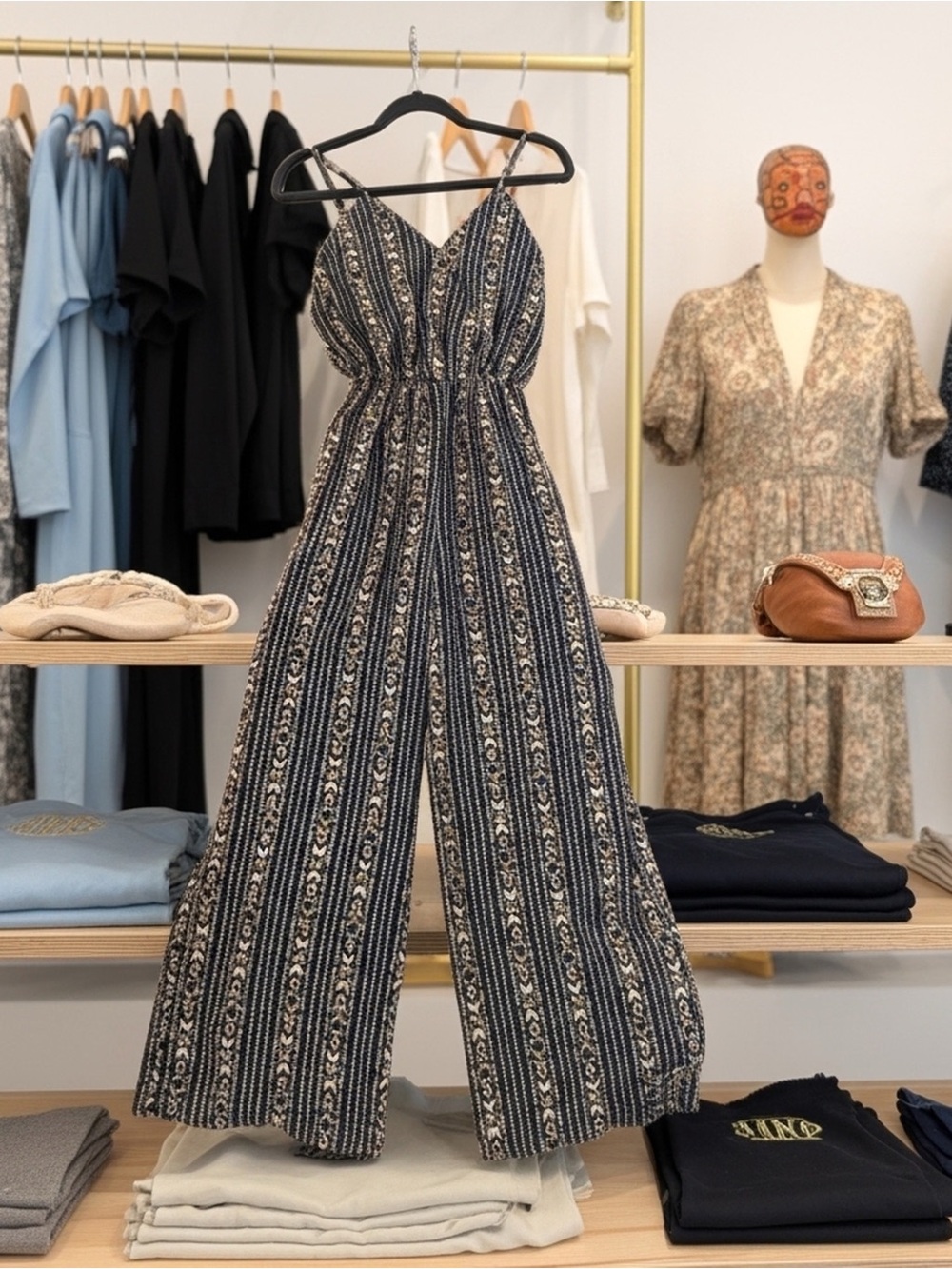 J for Justify Navy & Cream Striped Wide-Leg Jumpsuit, Small - Picture 1 of 5